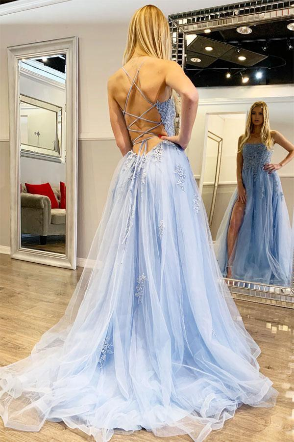 Spaghetti Straps Light Blue Long evening gown Prom Dress With Appliques