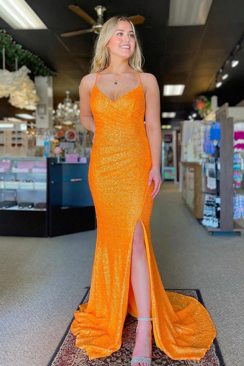 Mermaid V Neck Sequins Orange Long Prom Dress