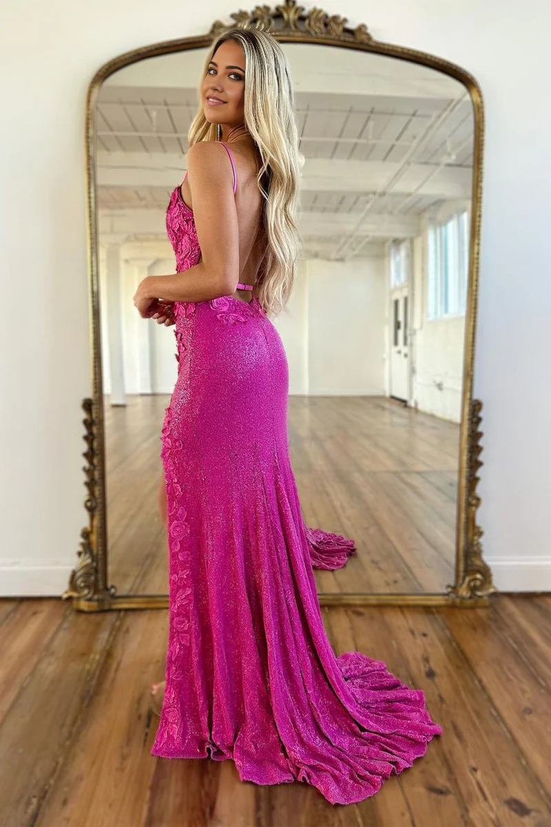 Mermaid Sparkly V Neck Sequins Long Prom Dress with Slit