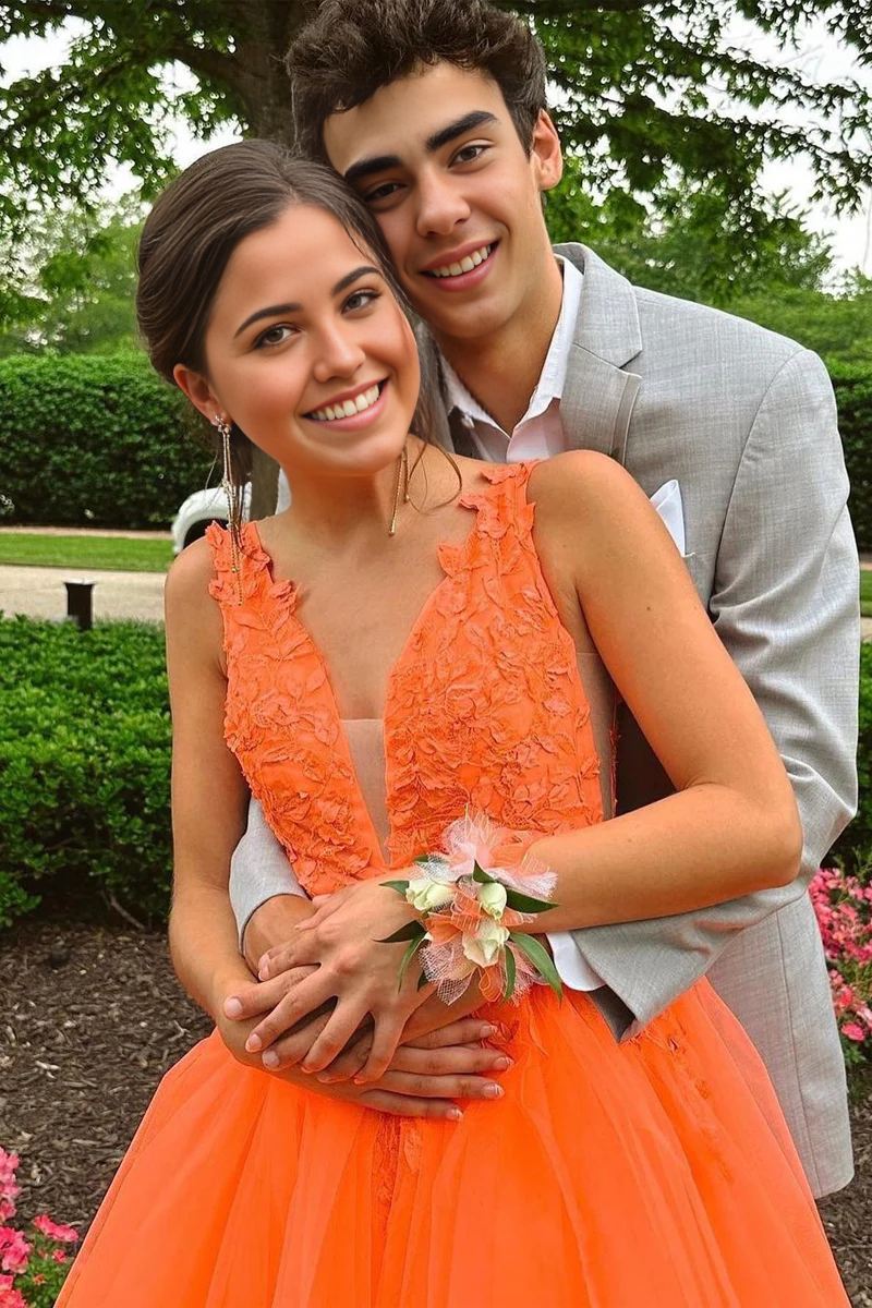 A-Line V Neck Romantic Orange Tulle Long Prom Dresses with Appliques