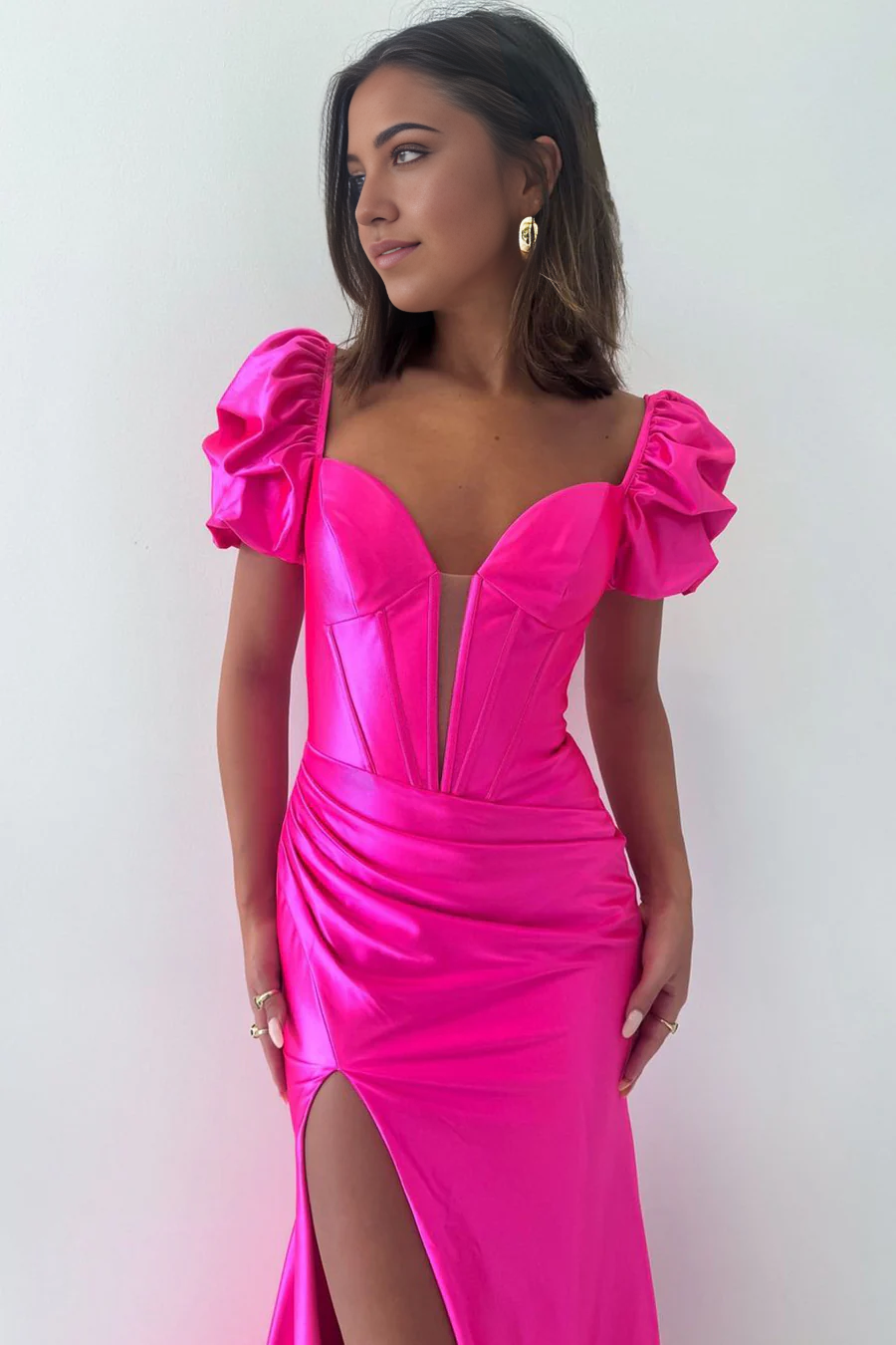Mermaid Charming V Neck Hot Pink Satin Long evening gown formal dresses Prom Dresses with Slit