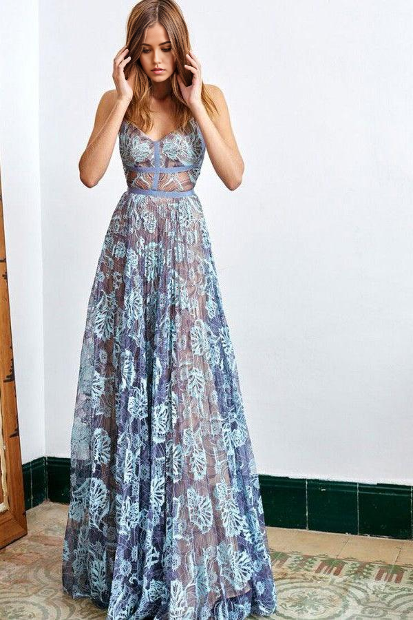 A Line V Neck Spaghetti Sleeveless Floor Length Lace formal dresses evening gown Prom Dress