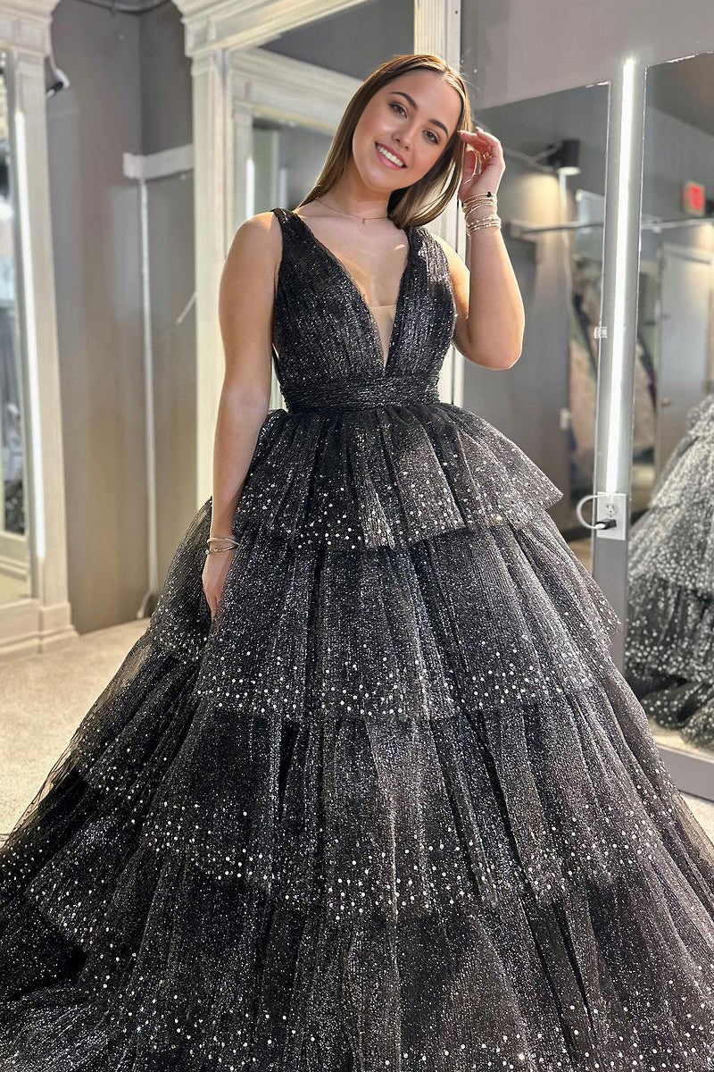 A Line V Neck Ruffle Tiered Black Long Prom Dress with Beading