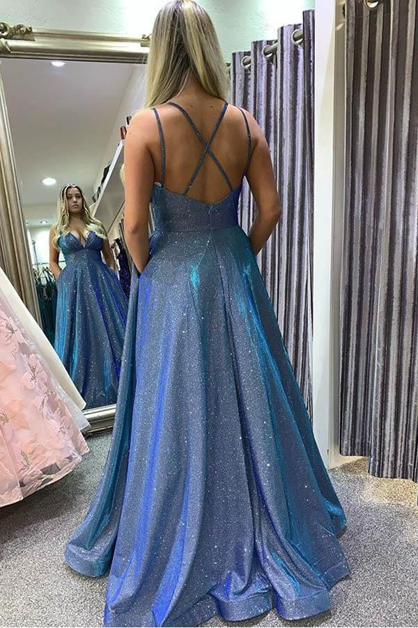 A Line Spaghetti Straps Blue Long evening gown Prom Dresses