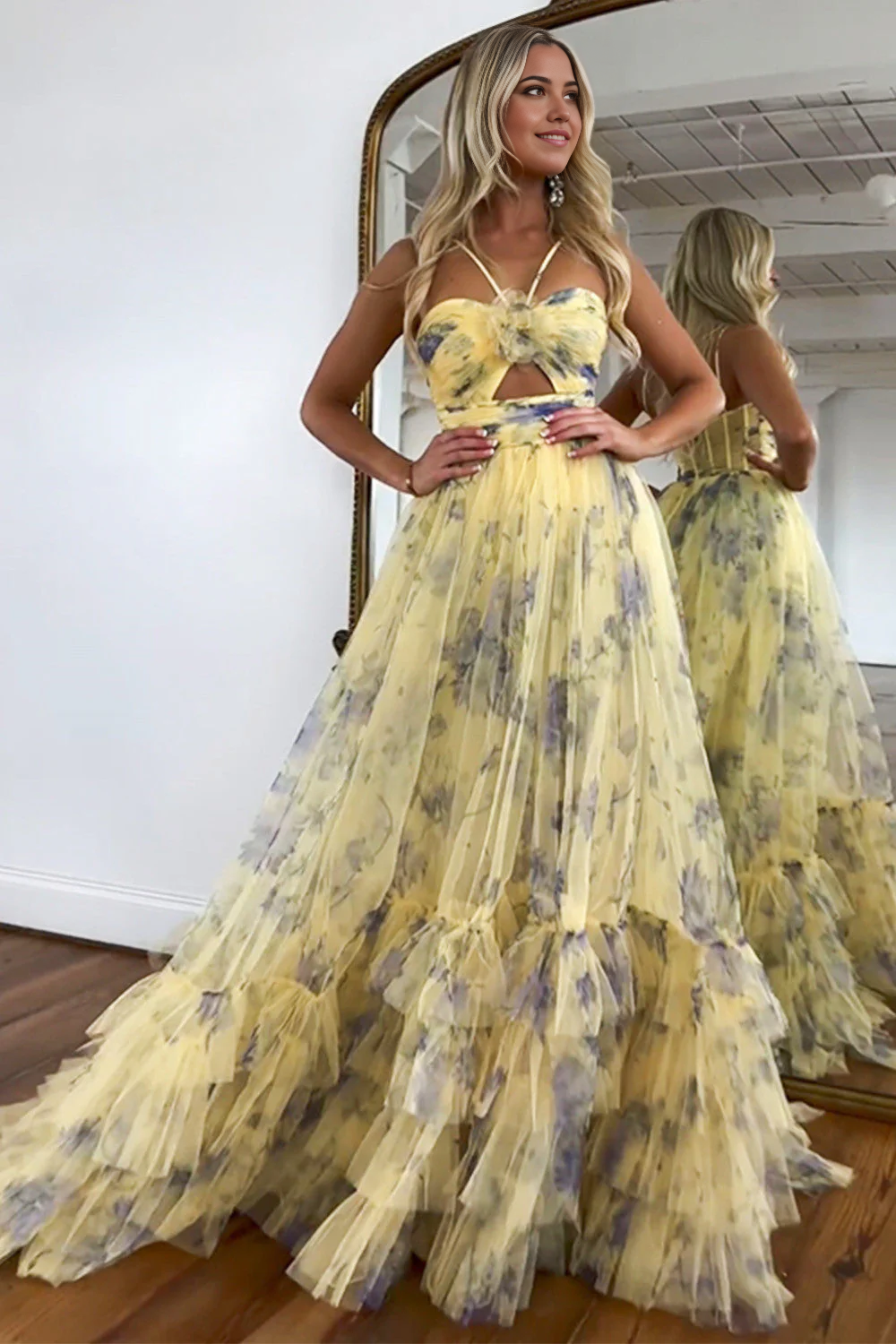 A-Line Halter Neck Tulle Cute Yellow Long formal dresses evening dress Prom Dresses With Ruffles