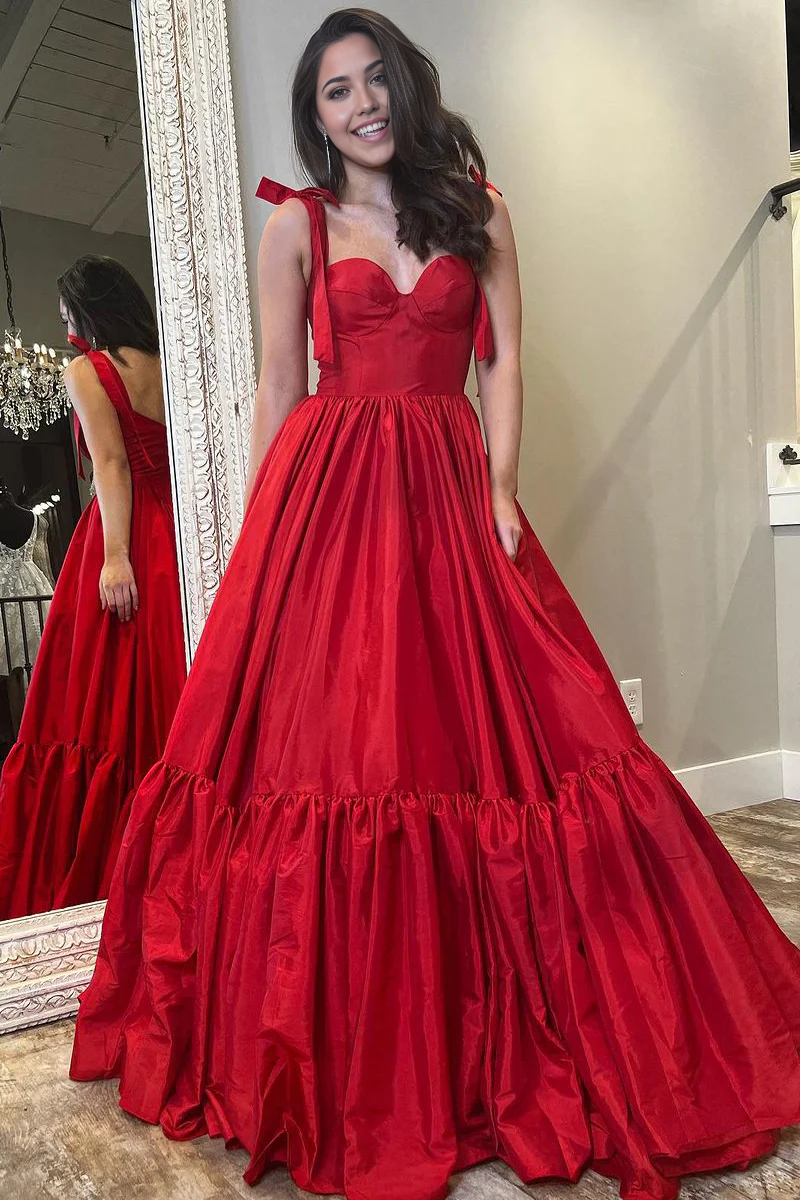 A-line Sweetheart Red Satin Ball Gown Long Prom Dress