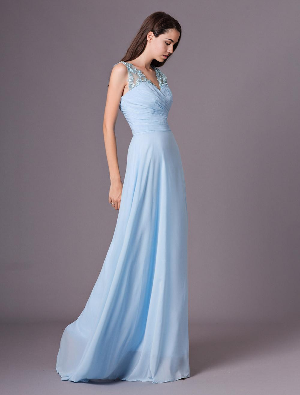 A-line V-Neck One Shoulder Floor-Length Chiffon formal dresses evening gown Bridesmaid Dress With Flower