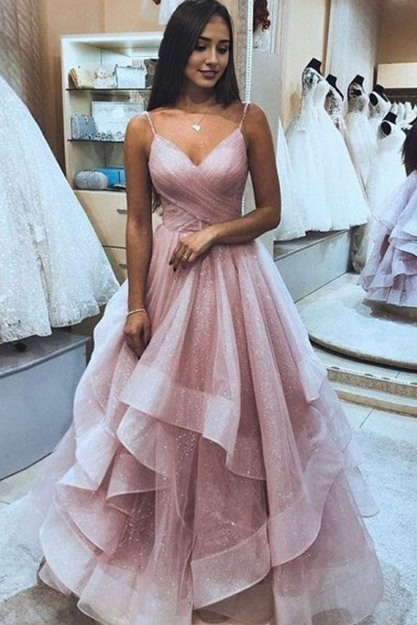 A Line Spaghetti Strap Organza Tiered Pink evening gown Formal Prom Dress