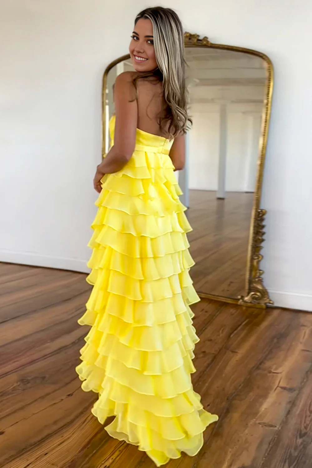 A-Line Strapless Zipper Back Long Tiered Lovely Yellow formal dresses evening dress Prom Dresses