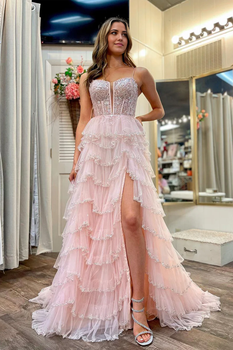 A Line Sweetheart Cute Light Pink Tulle Tiered Long Prom Dresses with Beading