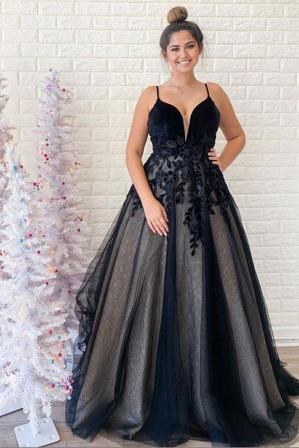 A-line V Neck Backless Tulle Black formal dresses evening gown Prom Dress With Applique