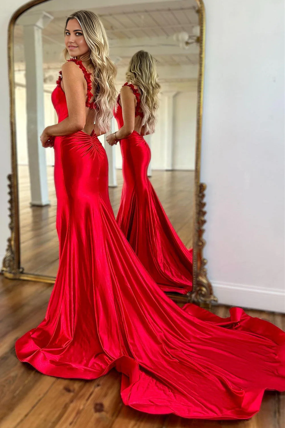 Mermaid Straps Back Long Satin Red formal dresses evening dress Prom Dresses With Slit