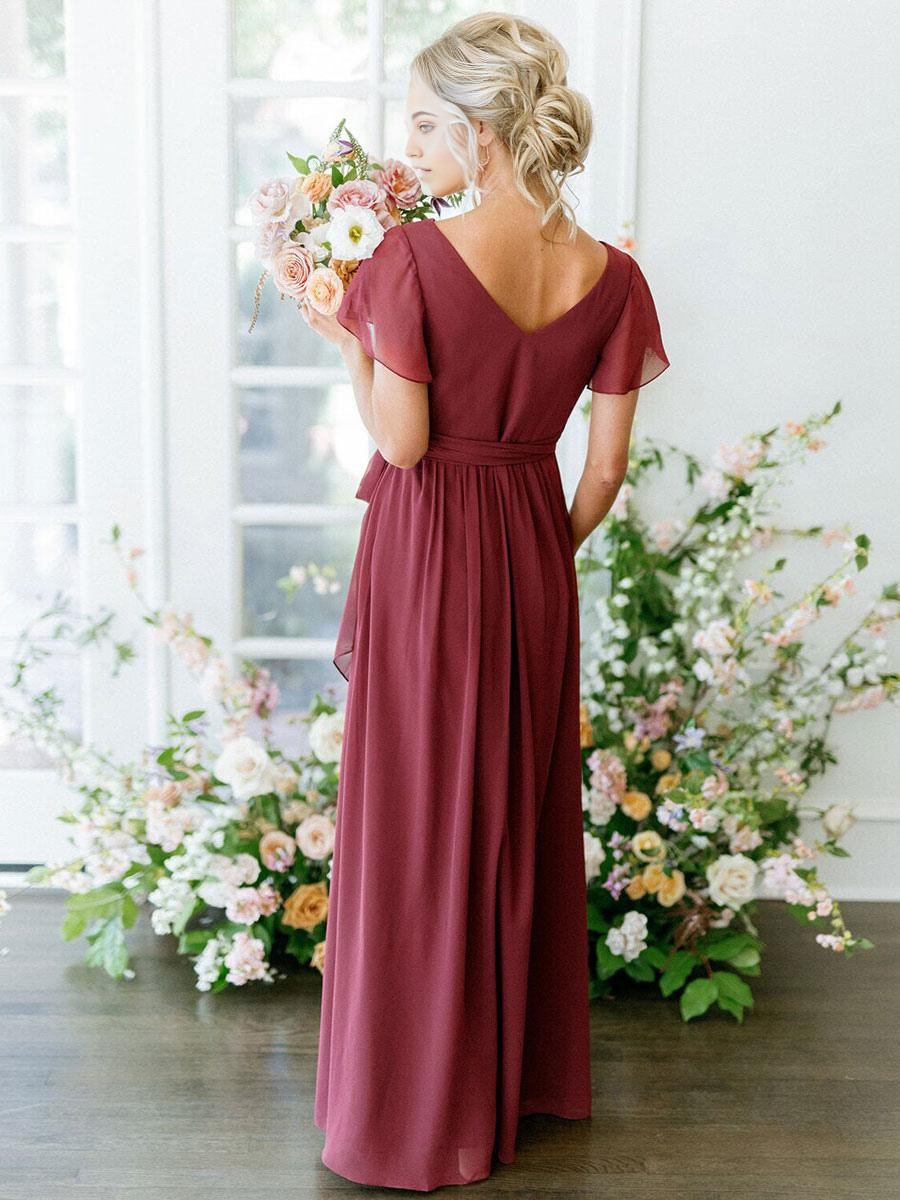 A-Line V-Neck Short Sleeve Floor-Length Zipper Chiffon Burgundy Wedding Party Dress formal dresses evening gown Bridesmaid Dress