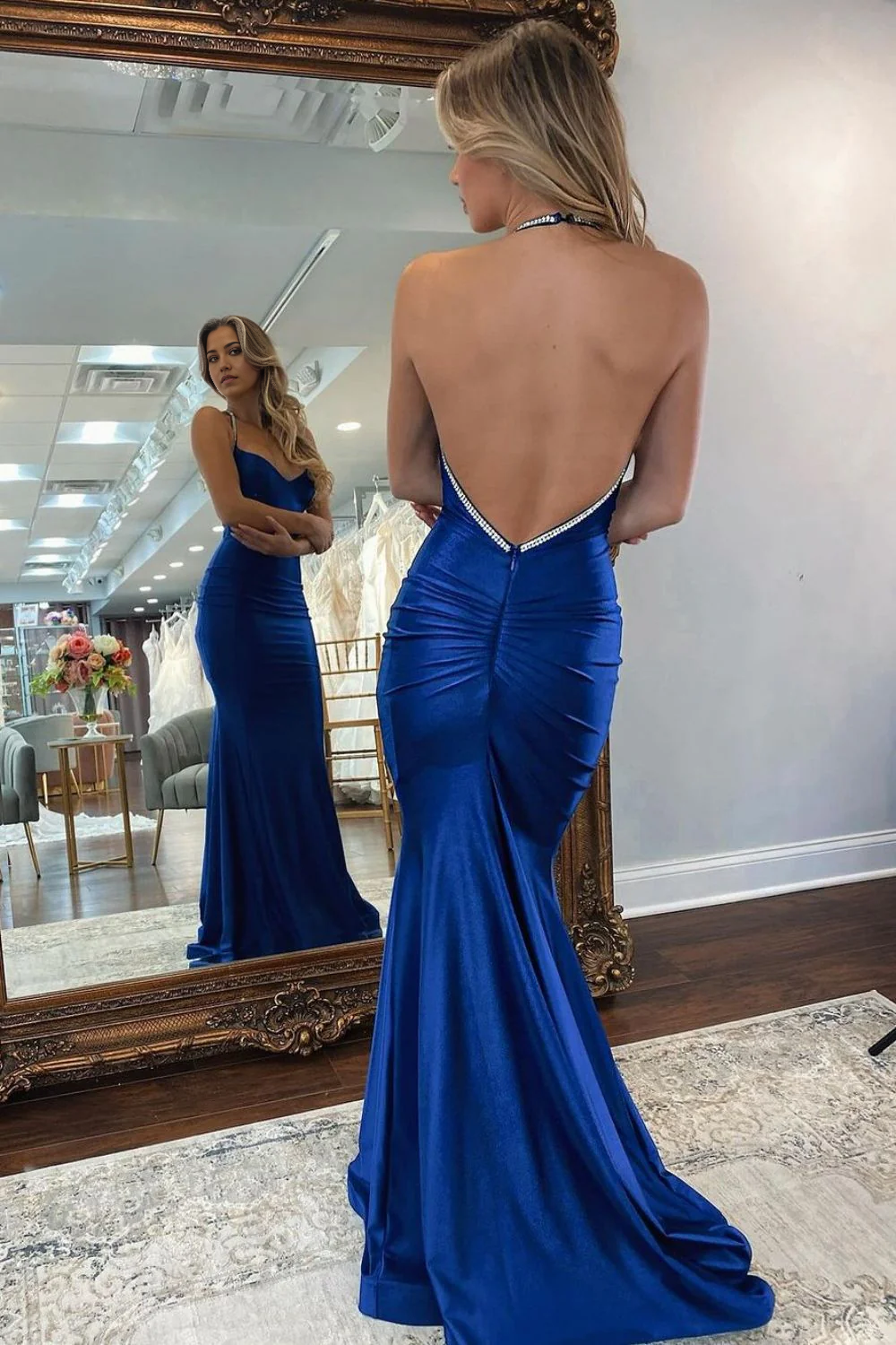 Mermaid Open Back Long Satin Sexy Royal Blue evening gown Prom Dress