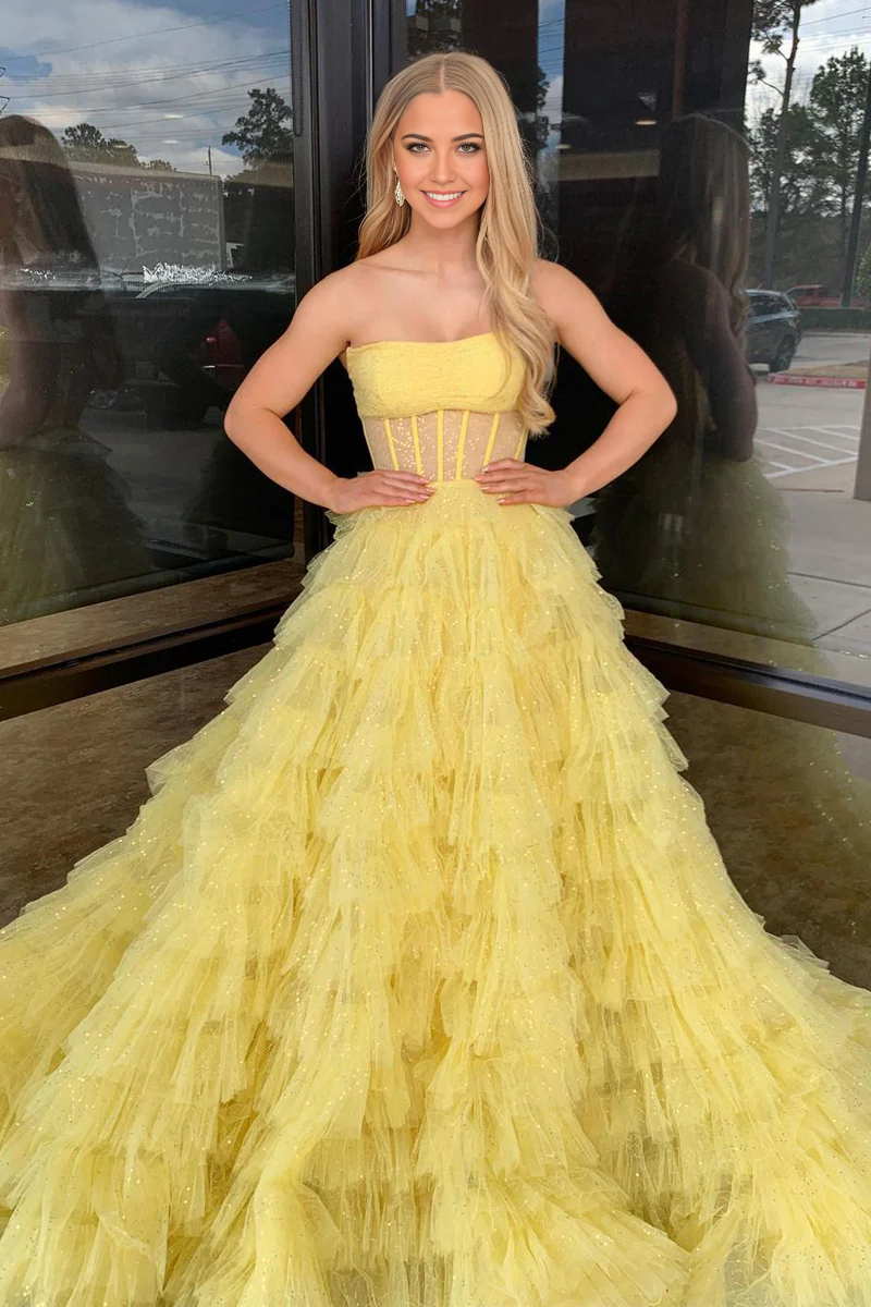 A-Line Strapless Sequins Yellow Tulle Long Prom Dresses
