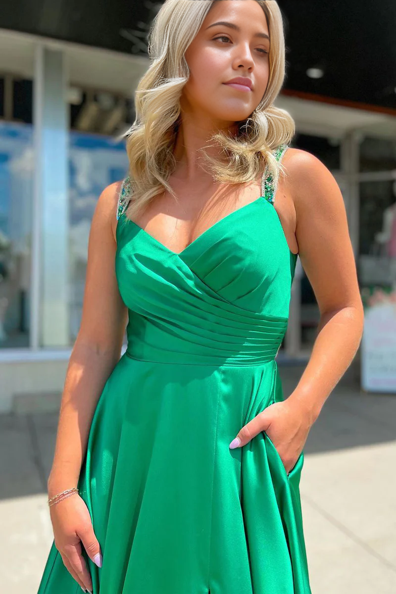 A-Line Simple V Neck Green Satin Long Prom Dresses with Pockets