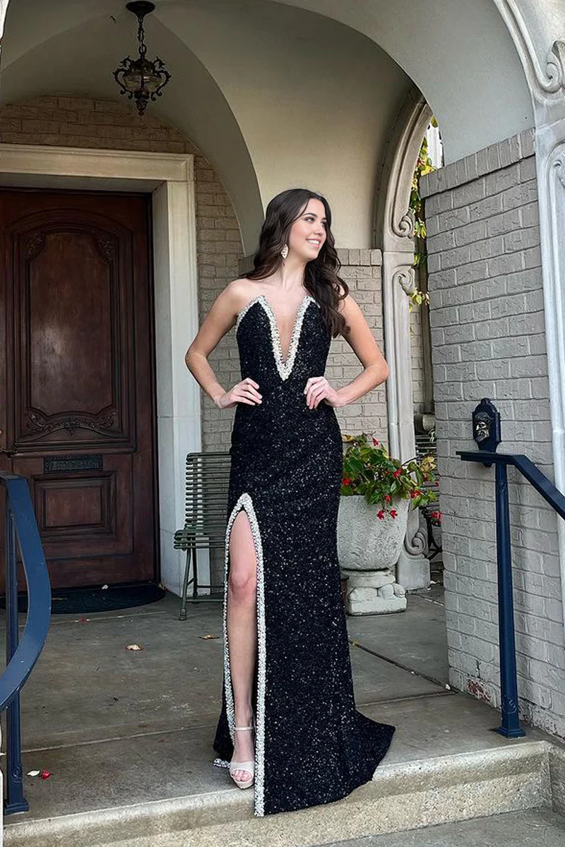 Mermaid V Neck Black Sequins Long Prom Dress with Beading