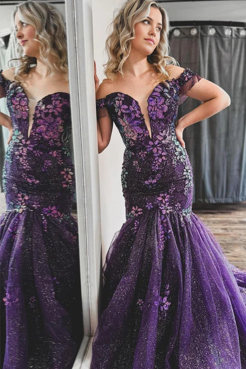 Mermaid Off the Shoulder Sparkly Purple Sequins Lace Long Prom Dress