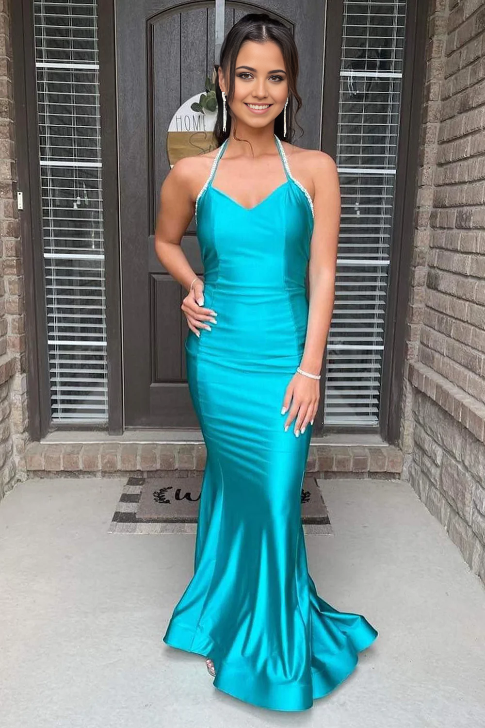 Mermaid Halter Green Long evening gowns Prom Dress with Open Back