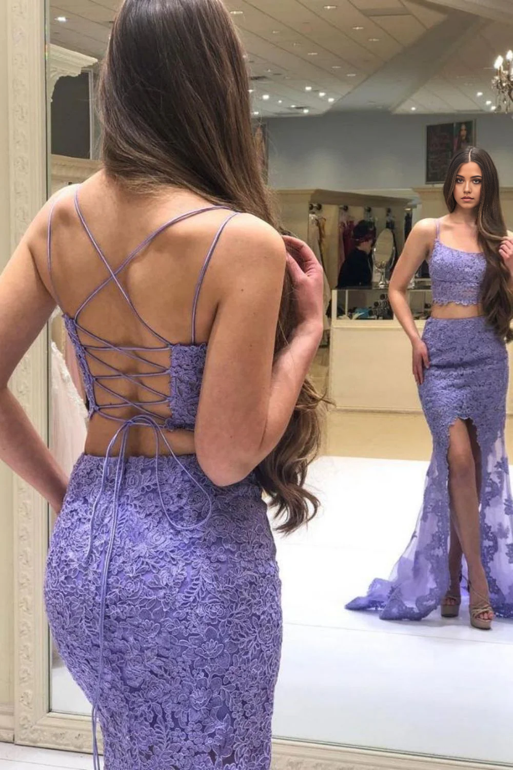 Two Piece Mermaid Spaghetti Straps Lavender Lace Long evening gown Prom Dress