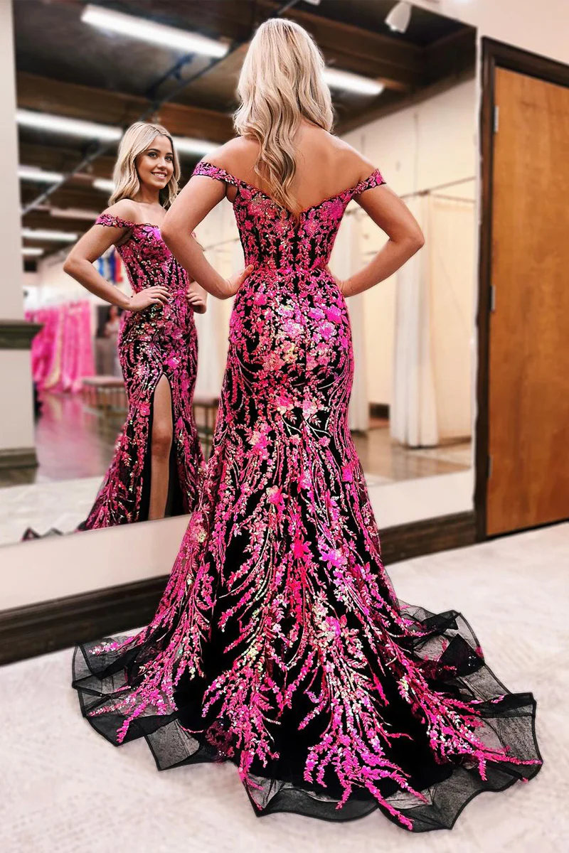 Mermaid Off the Shoulder Black Prom Dress with Fuchsia Sequins Appliques