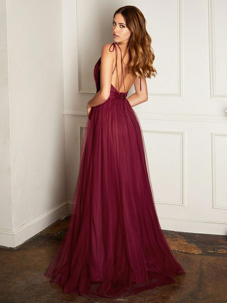 A-Line Sleeveless Floor-Length Tulle formal dresses evening gown Split Front Bridesmaid Dresses