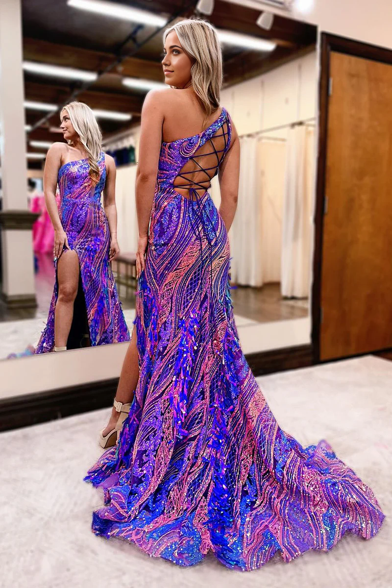 Mermaid One Shoulder Sequins Purple Long Prom Dress with Slit