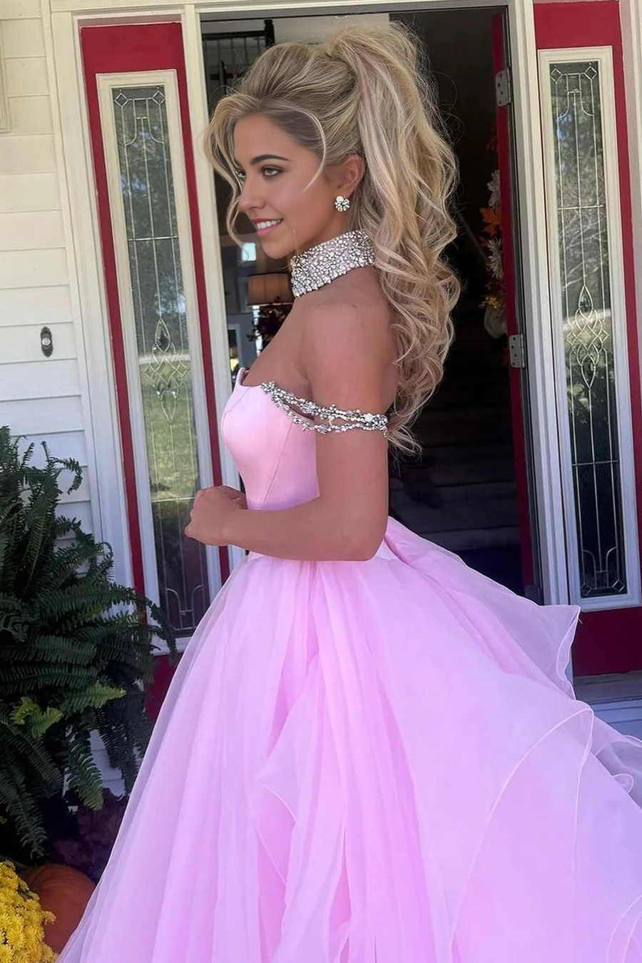 A-line Off the Shoulder Tulle Pink Gorgeous Ball Gown evening gown formal dresses Prom Dresses