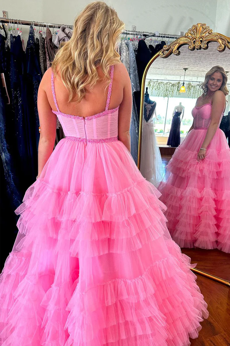 A Line Cute Sweetheart Ruffle Tiered Tulle evening gowns Prom Dress with Beading