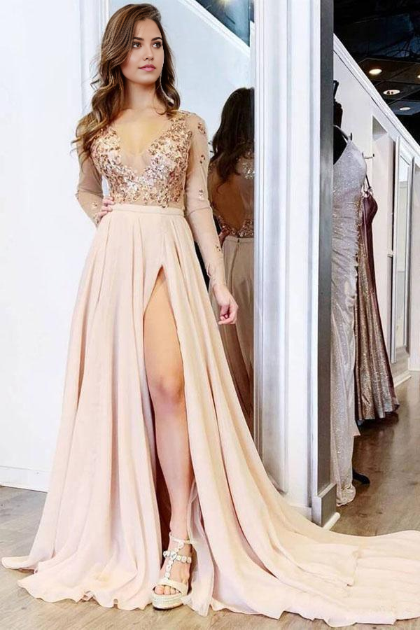 A Line V neck Long Sleeves Light Champagne formal dresses evening gown Prom Dress With Appliques