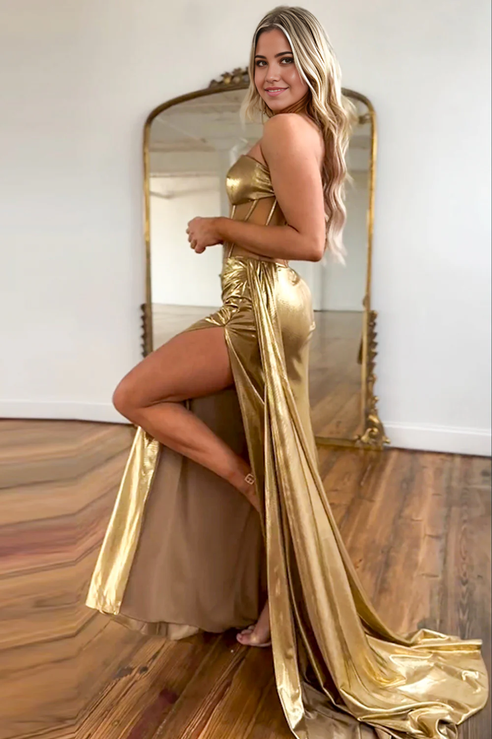Mermaid Strapless Long Sexy Gold formal dresses evening dress Prom Dresses With High Slit
