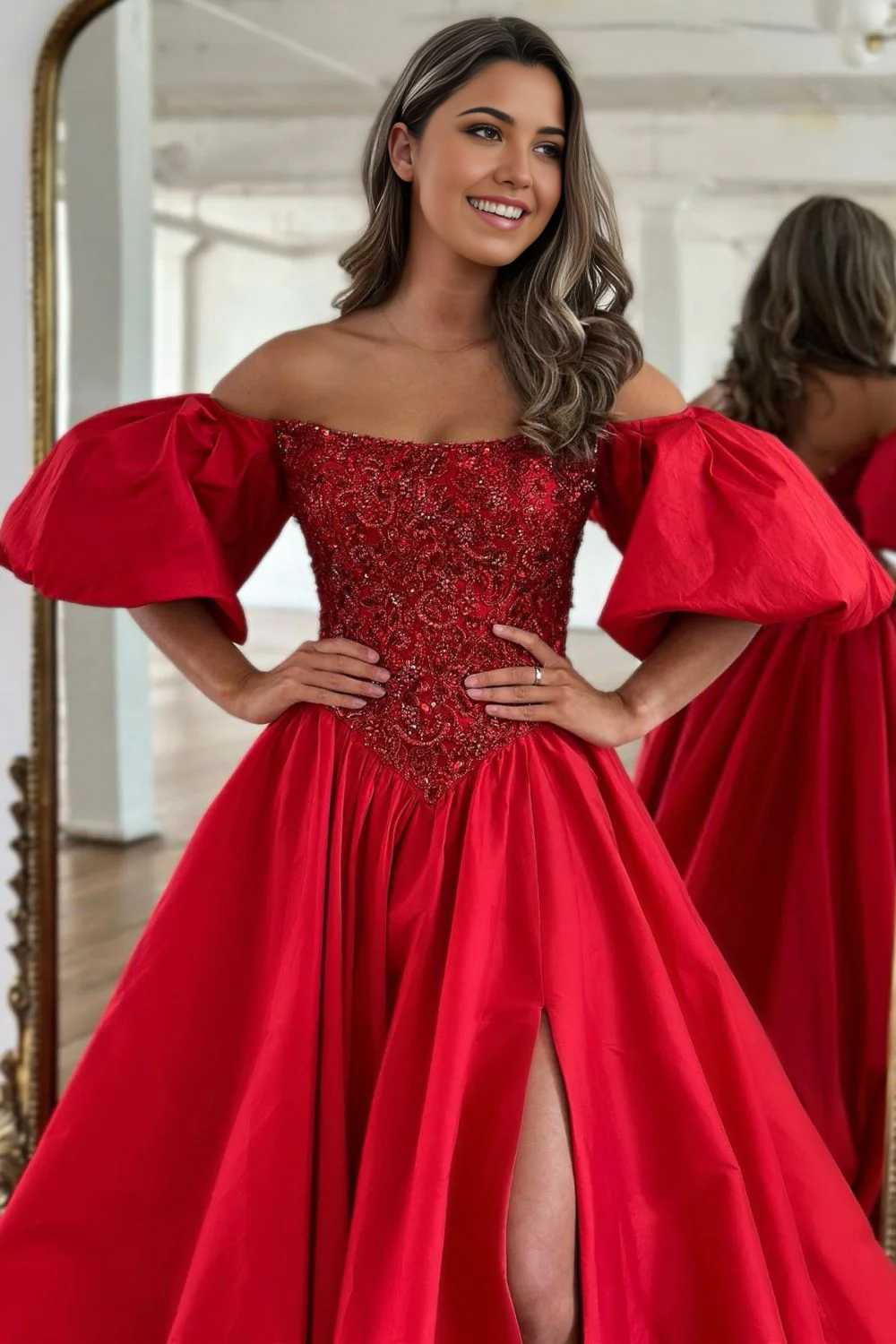 A-Line Off The Shoulder Court Train Satin Red Prom Dress With Split