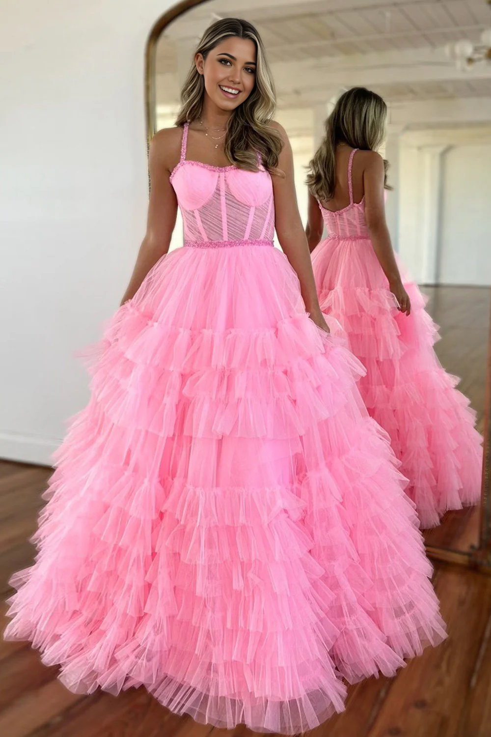 A-Line Spaghetti Straps Cute Pink Long Tiered Tulle formal dresses evening dress Prom Dresses