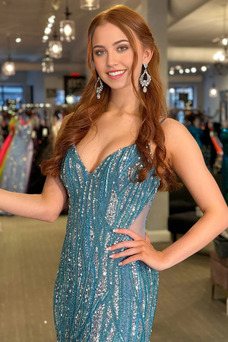 Mermaid V Neck Sequins Blue Long Prom Dress with Slit