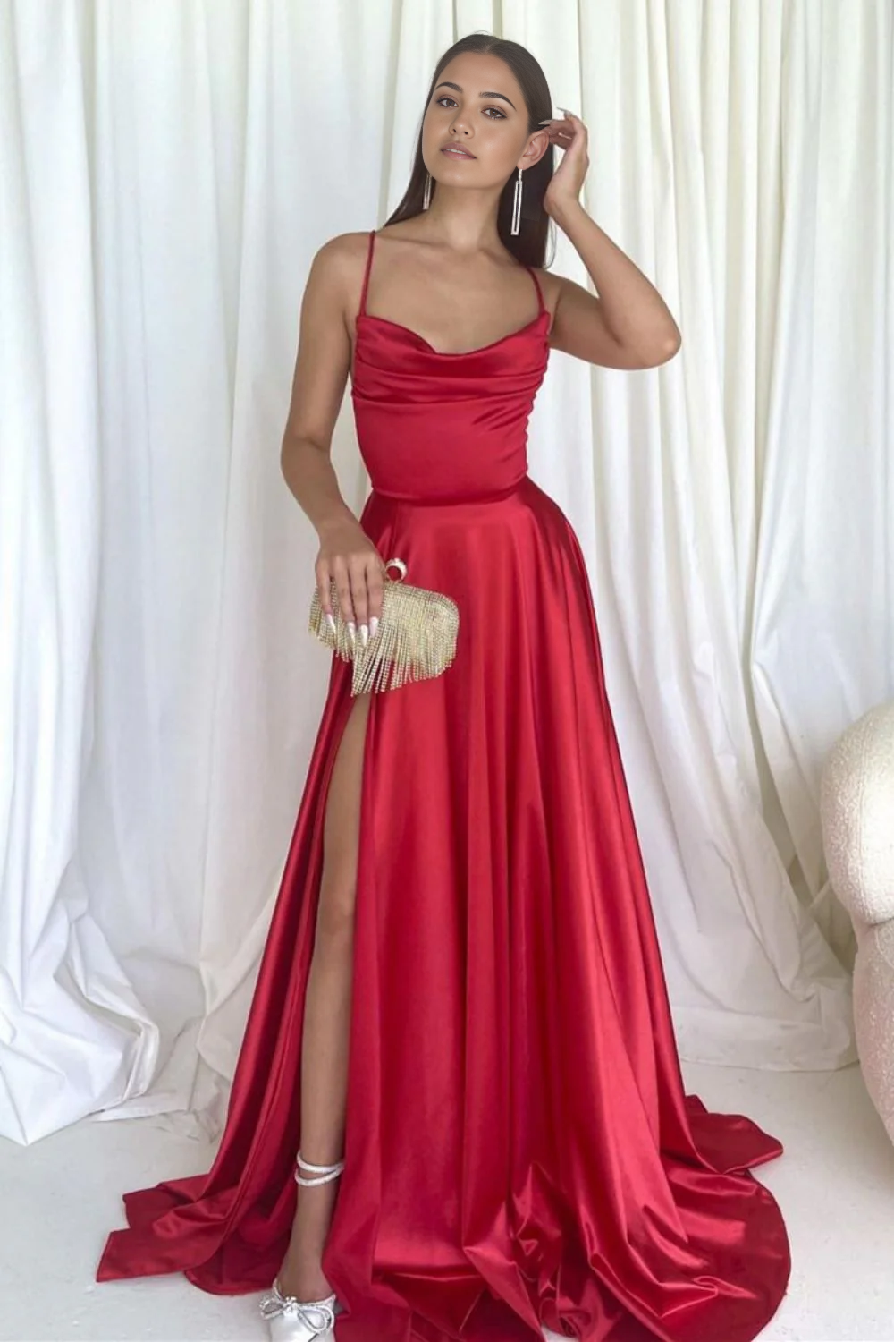 A Line Simple Spaghetti Straps Red Long Prom Dress with Criss Cross Back