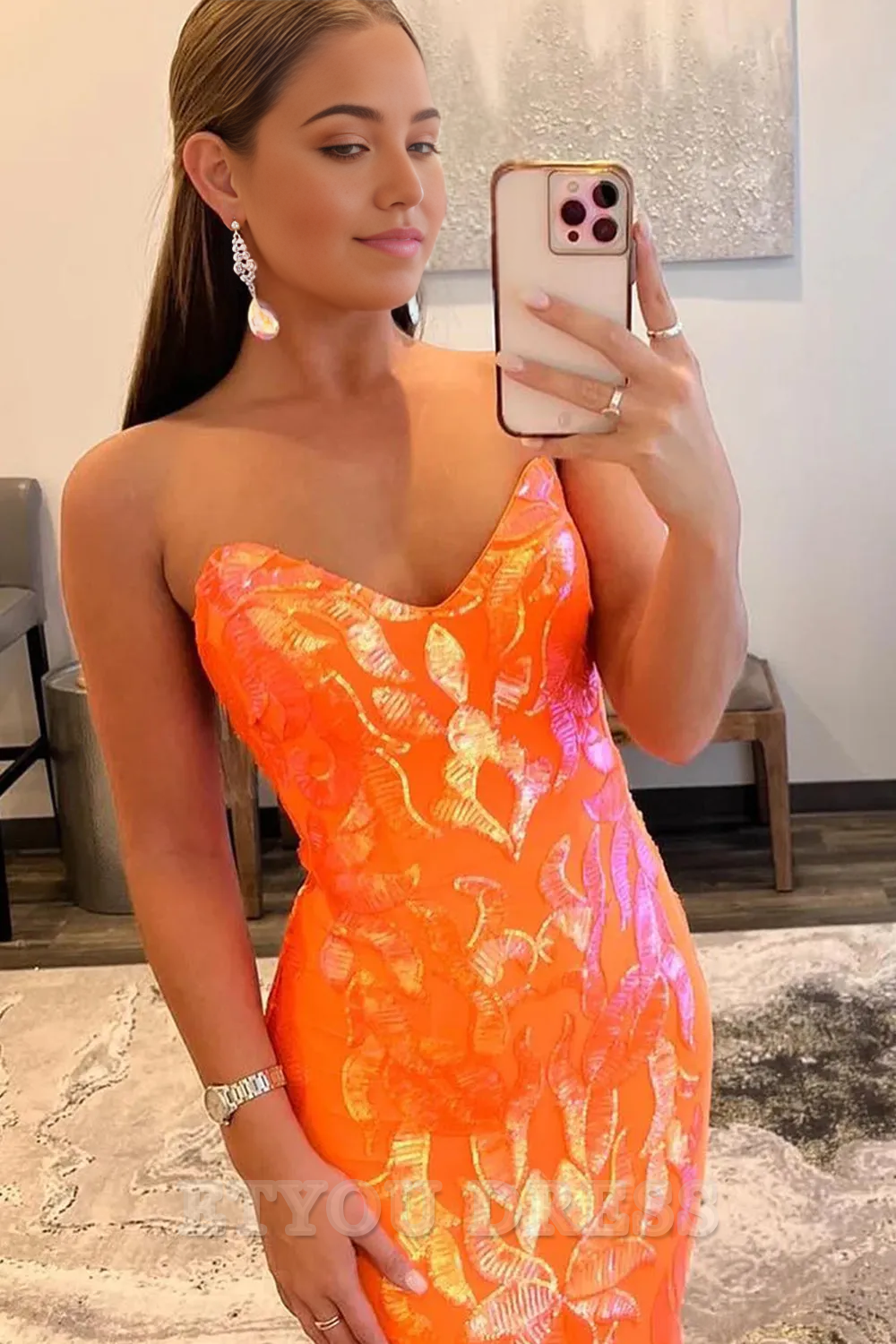 Sparkly Sequin Sweetheart Lace-Up Back Orange Long formal dresses Bridesmaid Dresses evening gown Prom Dress