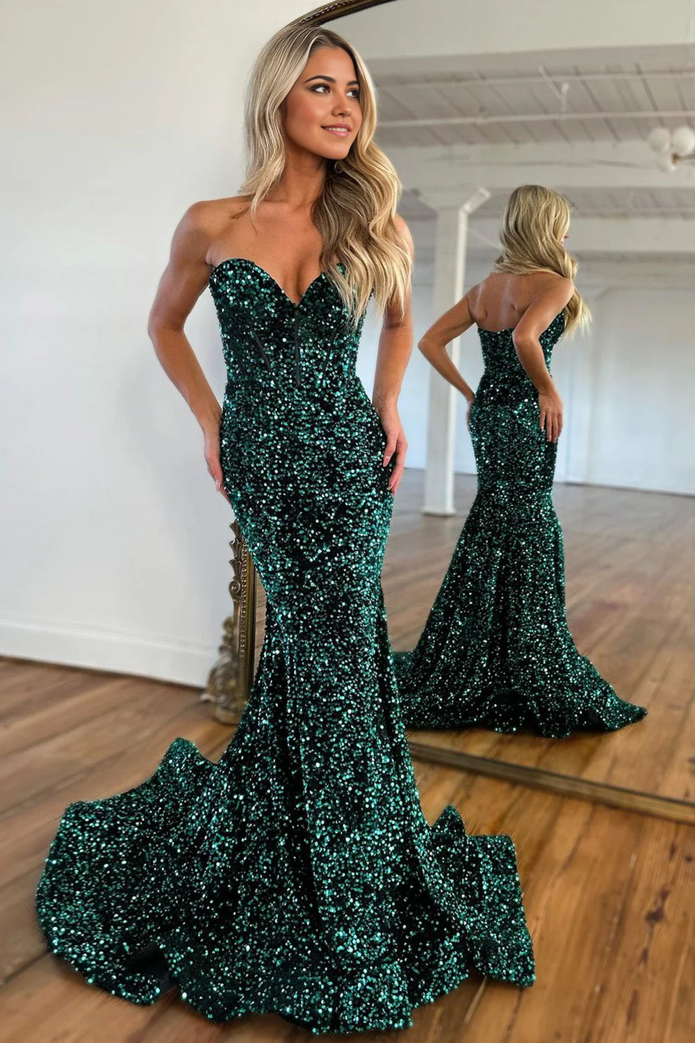 Mermaid Glitter Sequin Dark Green Sweetheart Long Party Prom Dress