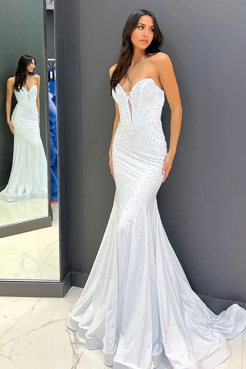 Mermaid Sweetheart Beaded White Long Prom Dress