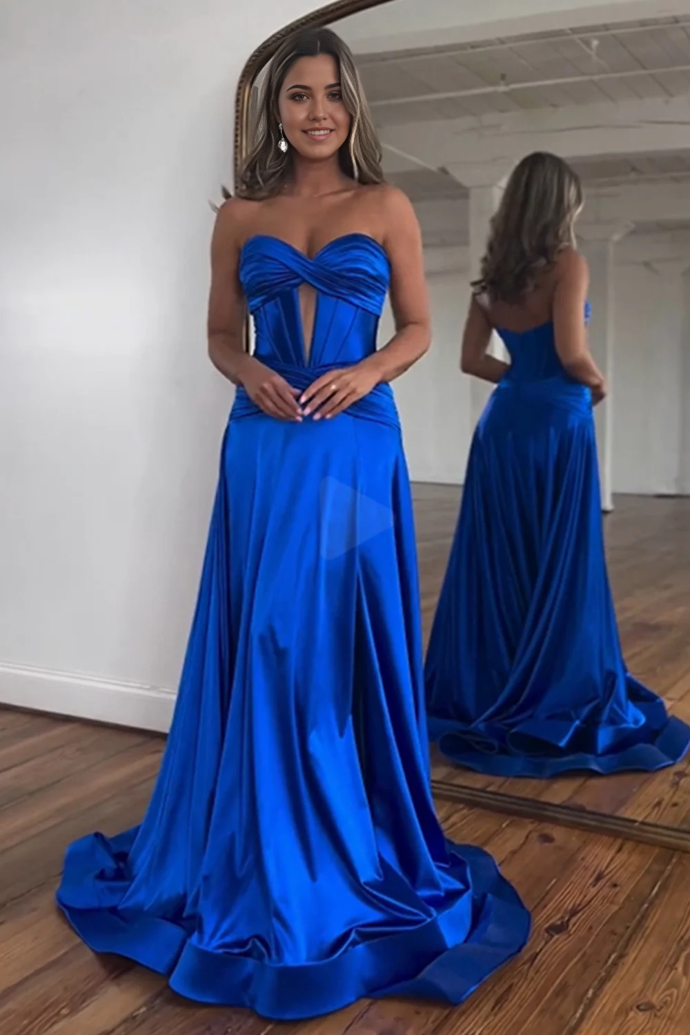 A-Line Strapless Royal Blue Satin Long Prom Dress With Split