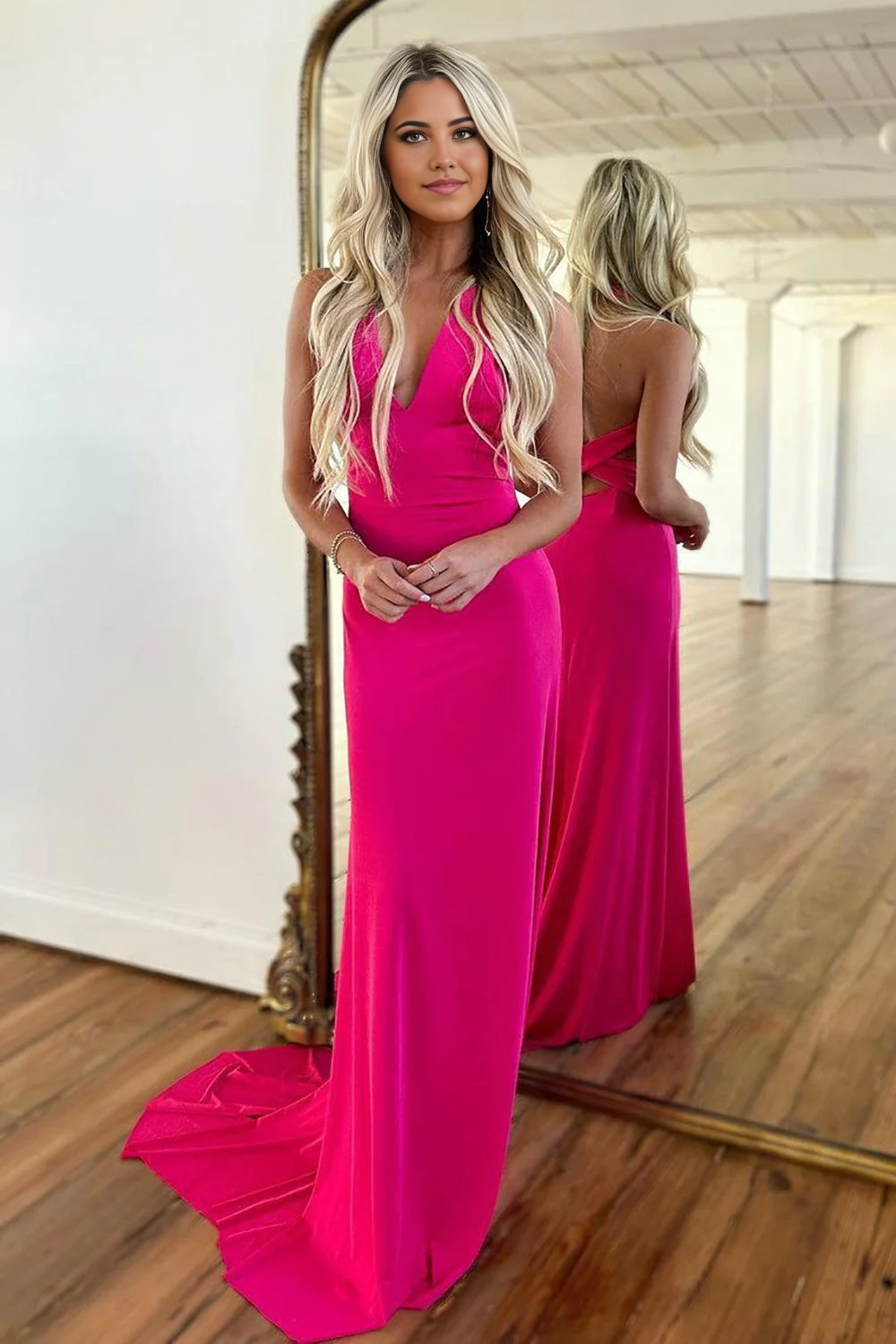 Mermaid V-Neck Cross Back Hot Pink Long Satin Corset Party Prom Dress