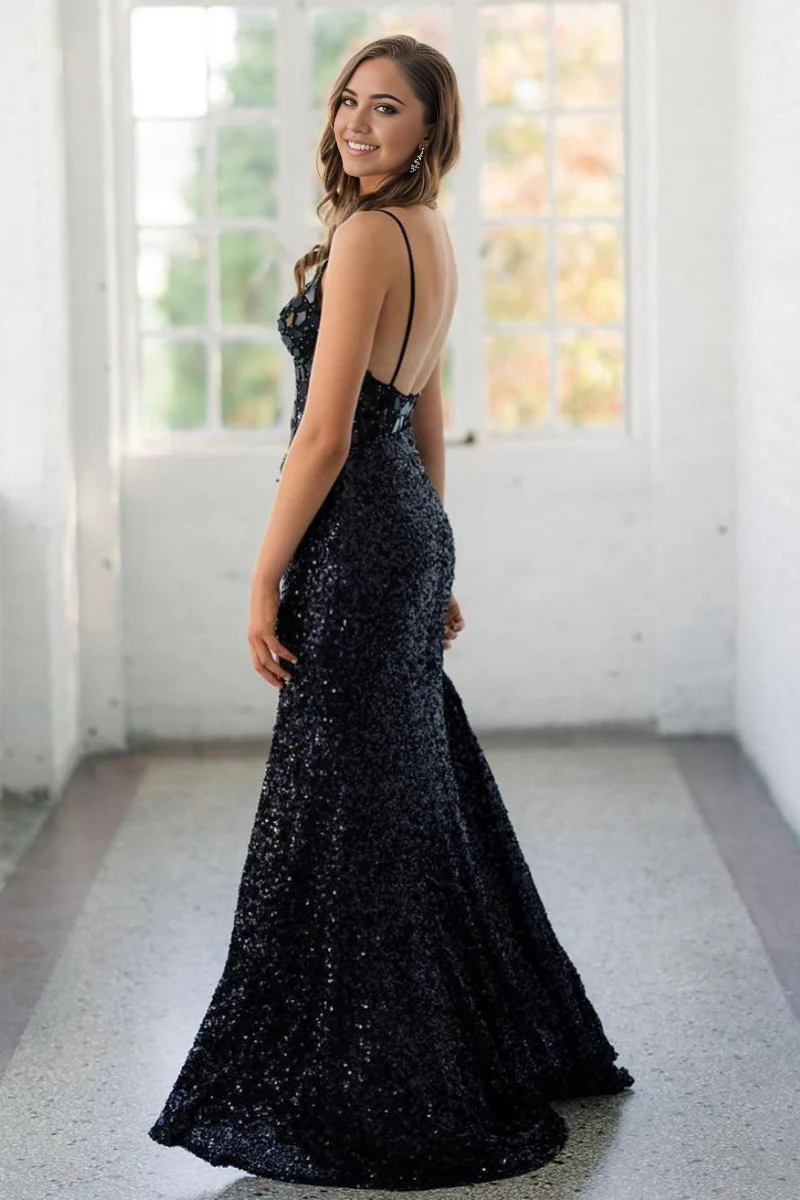 Mermaid Sparkly V Neck Black Sequins Long Prom Dresses with Beading
