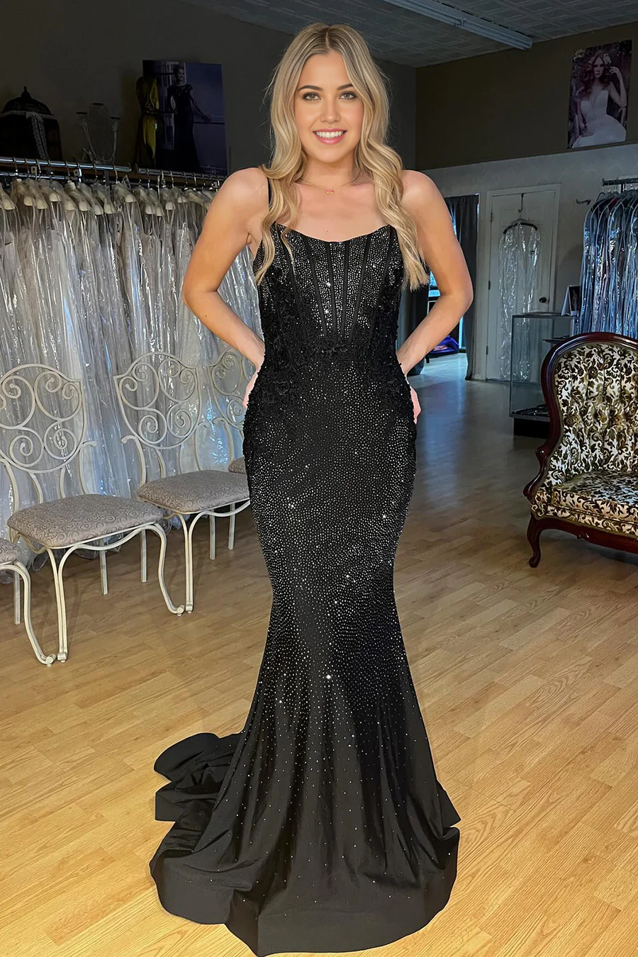 Mermaid Charming Scoop Neck Black Sparkly evening gowns formal dresses Prom Dresses