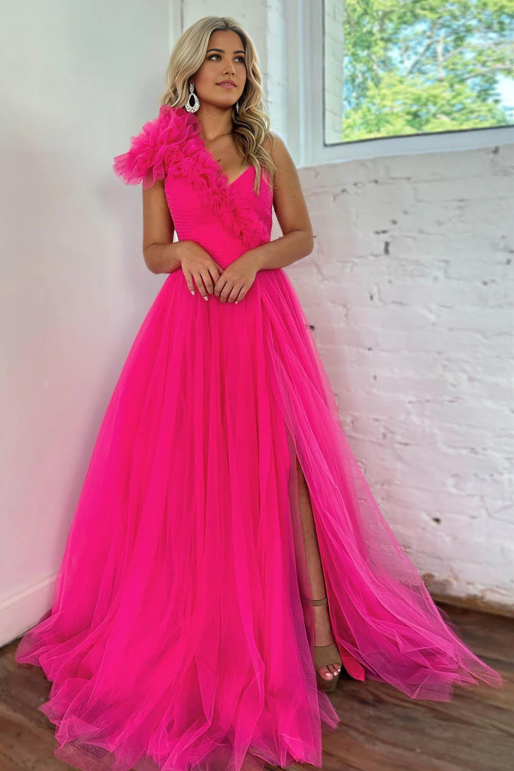A-Line One Shoulder Hot Pink Long Tulle Prom Dress With Split