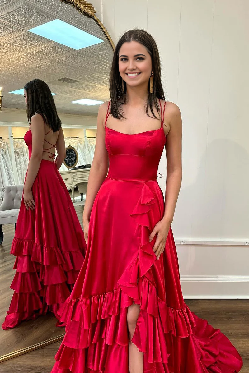 A-Line Scoop Neck Ruffle Satin Red Long Prom Dresses with Slit
