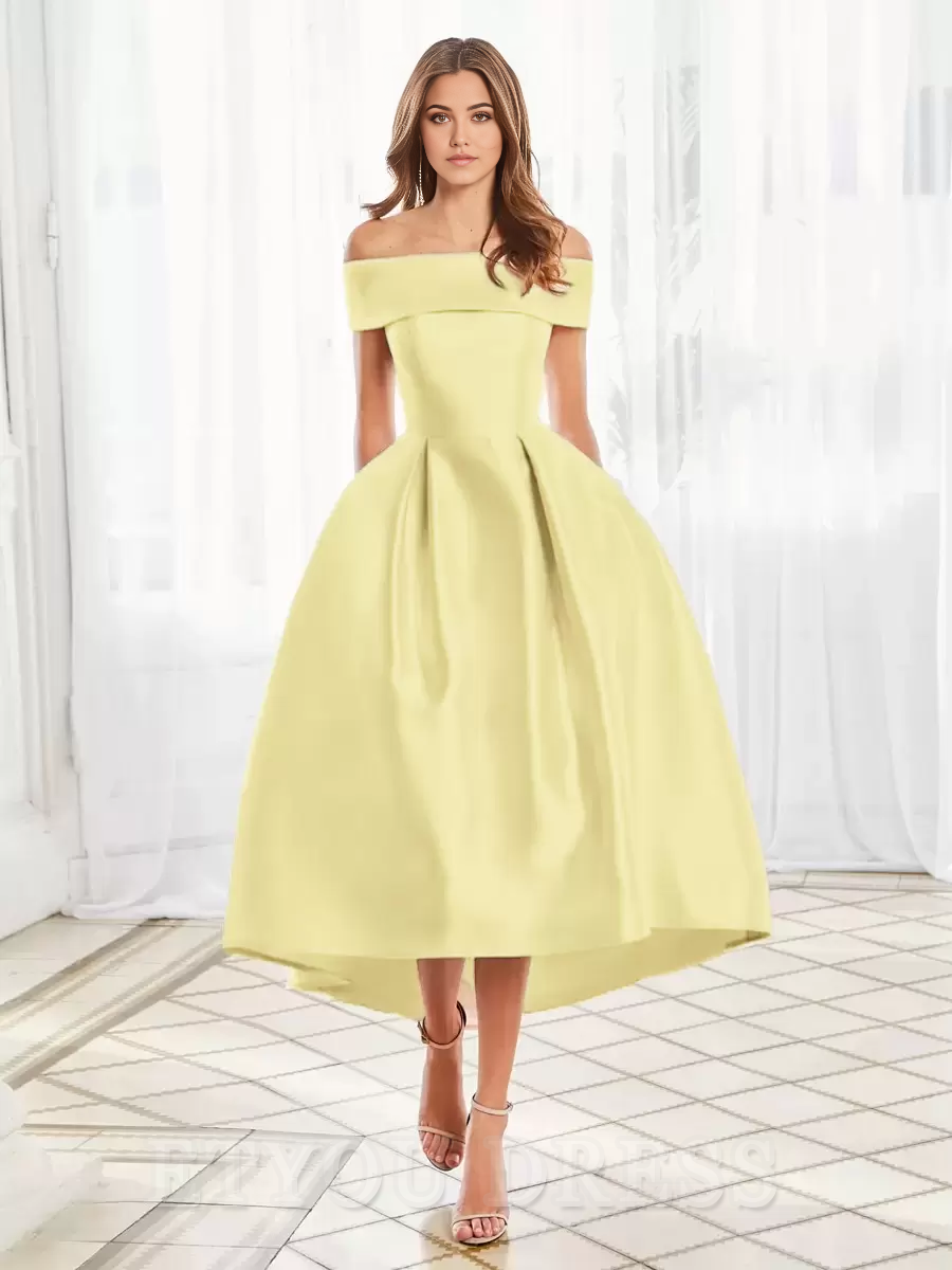 A-line Elegant Off-The-Shoulder Short Tea-Length Satin formal dress evening gown Wedding Guest Dresses Prom Dress