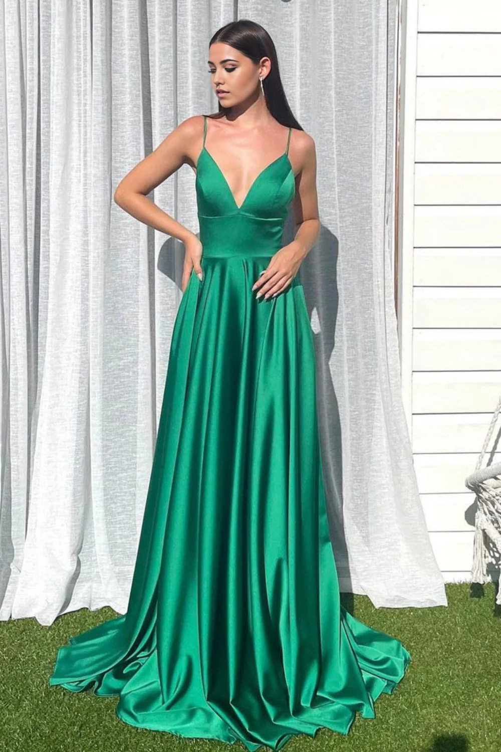 A Line Simple Spaghetti Straps Green Long Prom Dress with Split Front