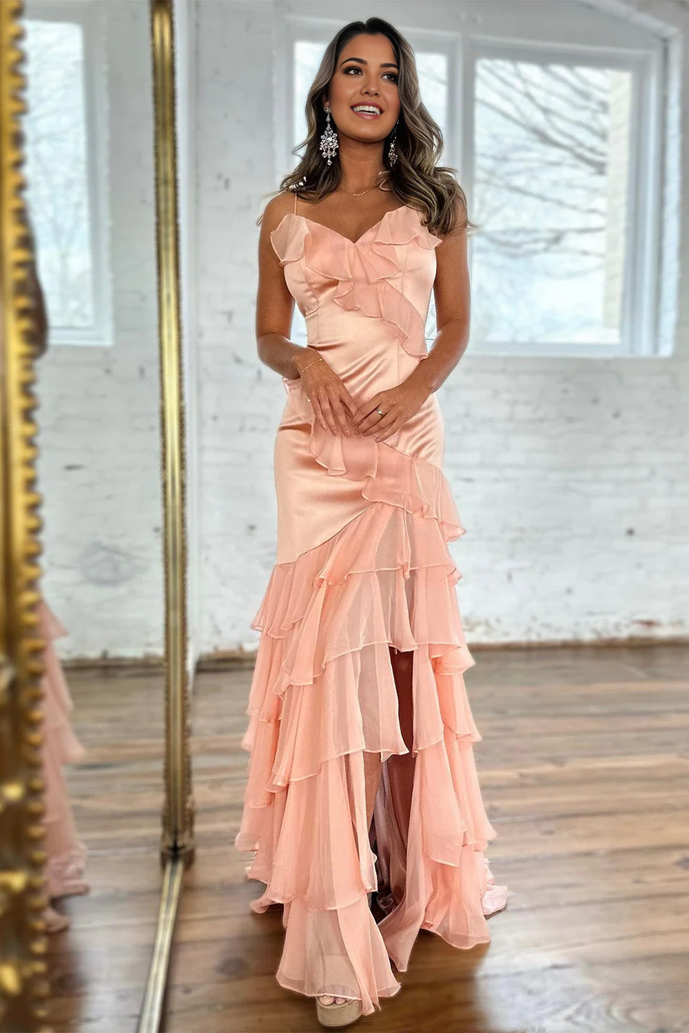 Mermaid Spaghetti Straps Zipper Back Blush Satin Long Prom Dress With Ruffles
