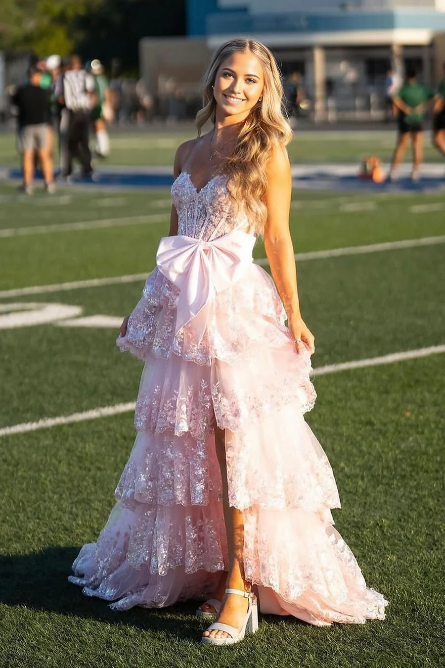 A Line V Neck Blush Pink Sequins Tiered formal dress evening gown Long Prom Dresses with Bow