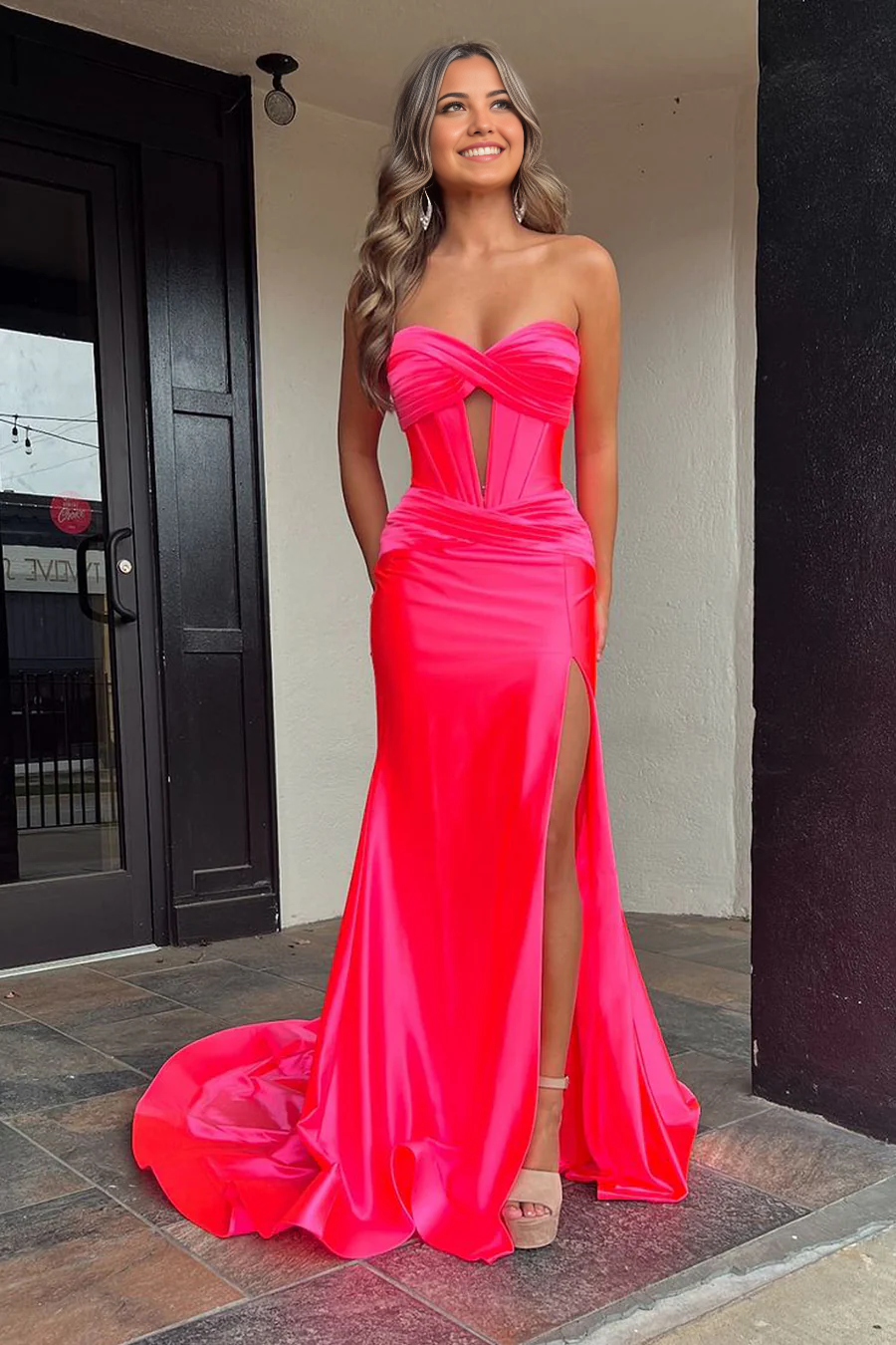 Mermaid Sweetheart Hot Pink Satin Long formal dress evening gowns Prom Dresses with Slit