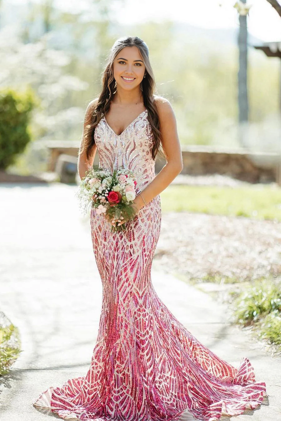 Mermaid Charming V Neck Red Silver Sequins formal dresses evening gown Long Prom Dresses